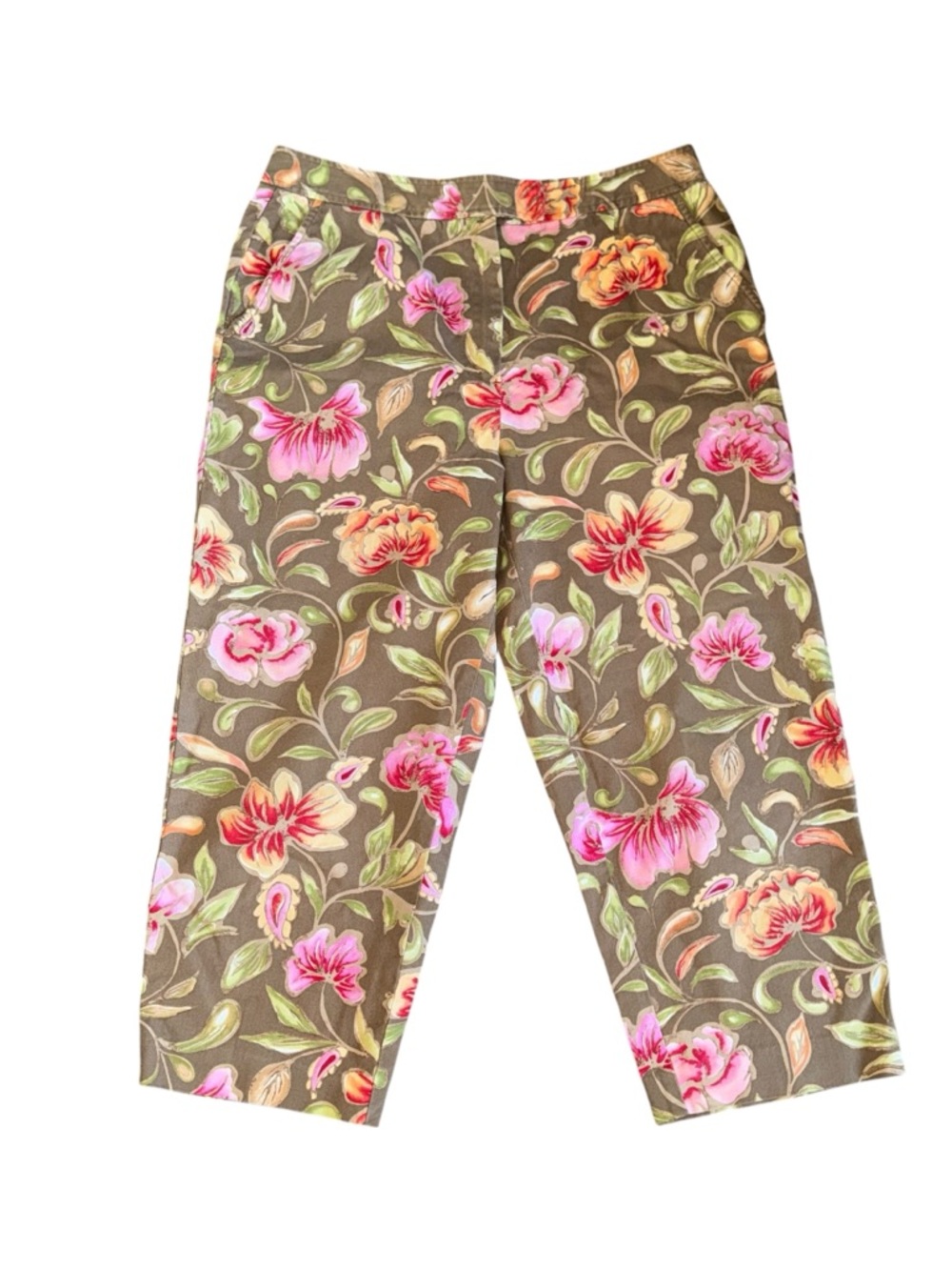 Talbots Petites Floral Capri Pants Womens 10 Stretch Brown Pink Cropped
